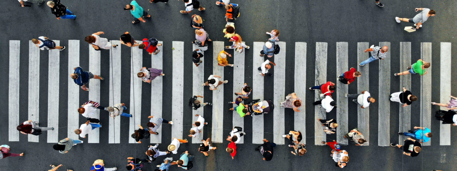 Aerial. People crowd motion through the pedestrian crosswalk. Top view from drone.
