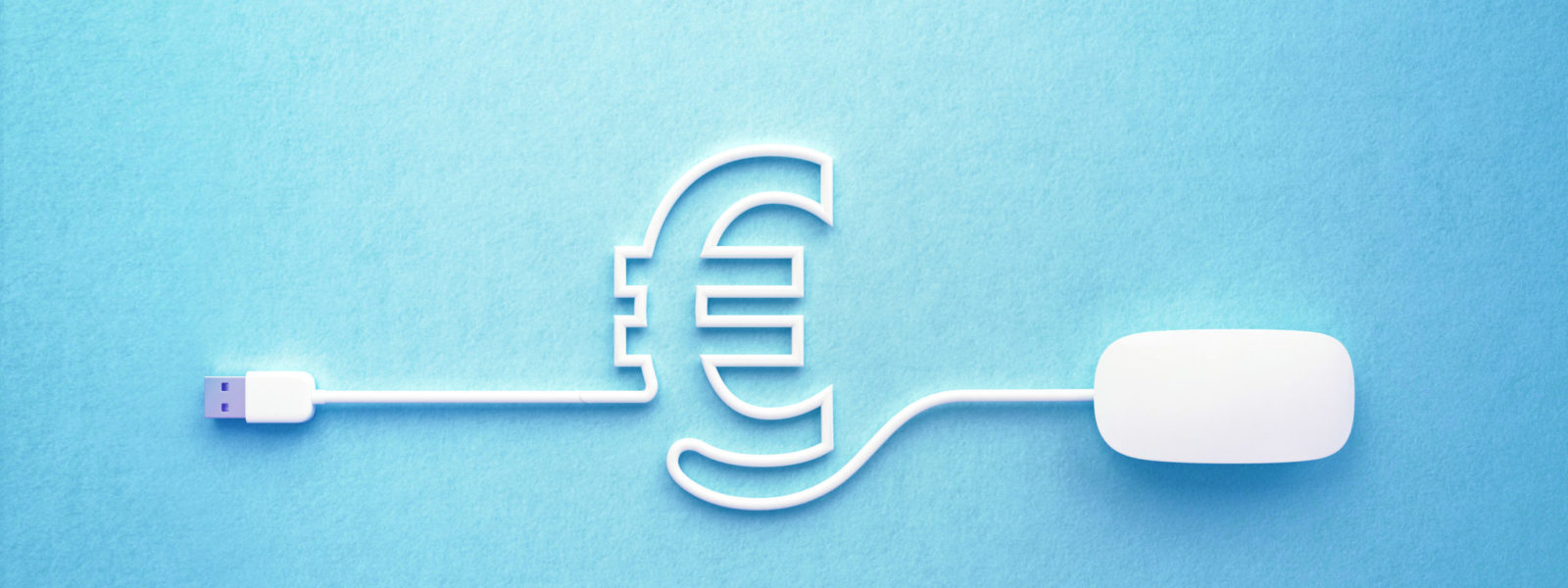 White Mouse Cable Forming Euro Symbol On Blue Background