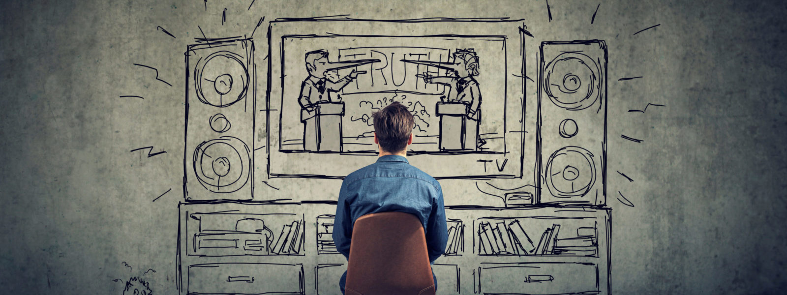 Man watching television with two politicians, business men with long liar nose having a debate