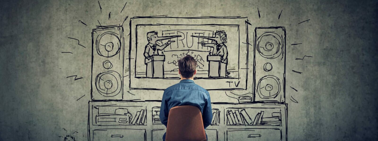 Man watching television with two politicians, business men with long liar nose having a debate