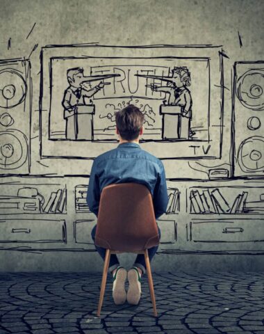 Man watching television with two politicians, business men with long liar nose having a debate