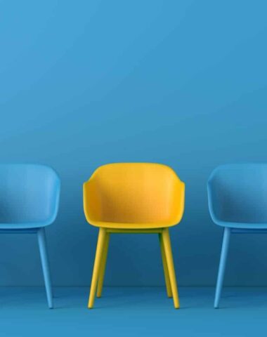 Yellow chair standing out from the crowd. Business concept. 3D rendering