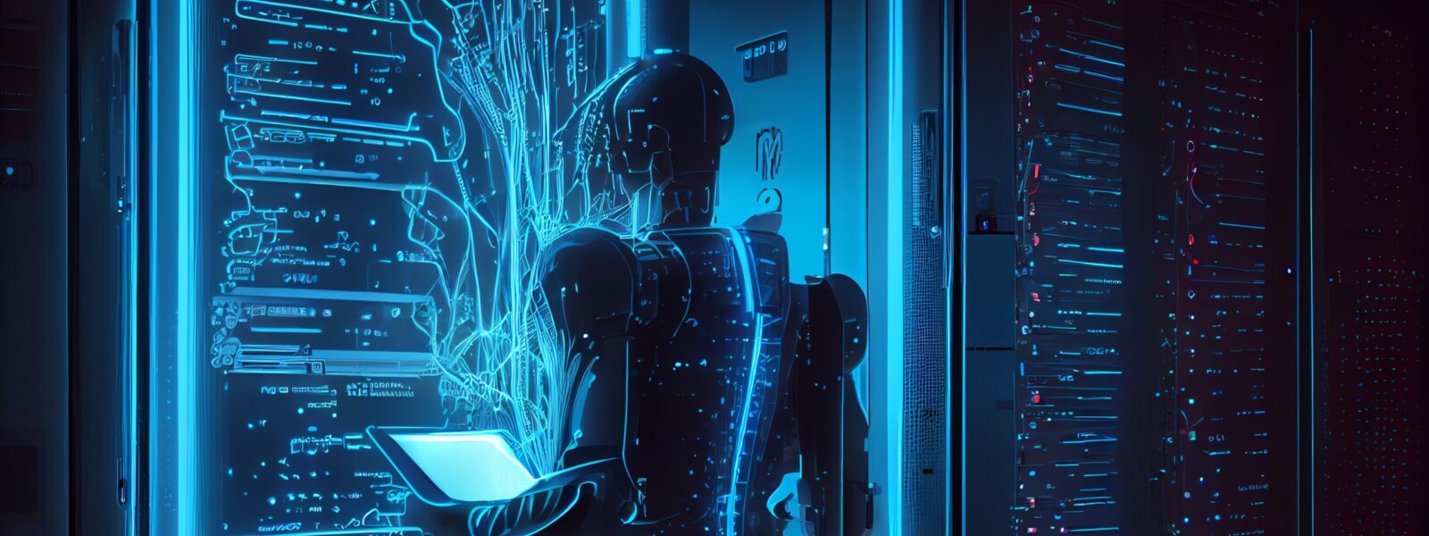 A Human Like Android Ai Learning And Growing, Collecting Data From Servers With Blue Neon Glow. Generative AI