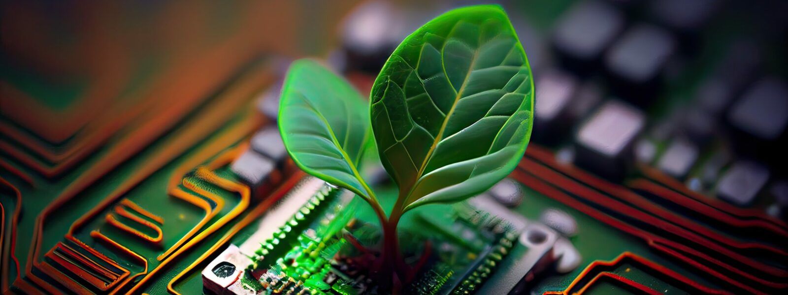 Growing tree on the converging point of acomputer circuit board. Nature with Digital Convergence and Technological Convergence. Green Computing, Green Technology, Green IT, csr, Generative Ai
