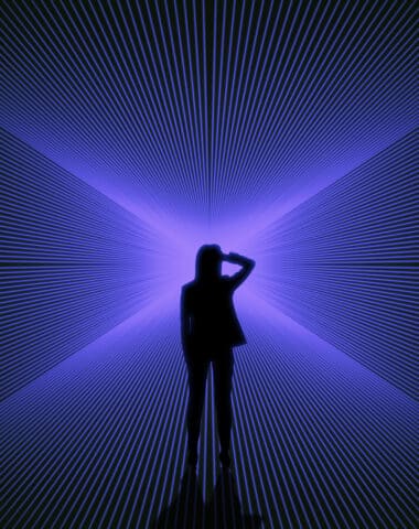 Conceptual image of businesswoman silhouette on bright blue lines background. Success, metaverse and direction concept.