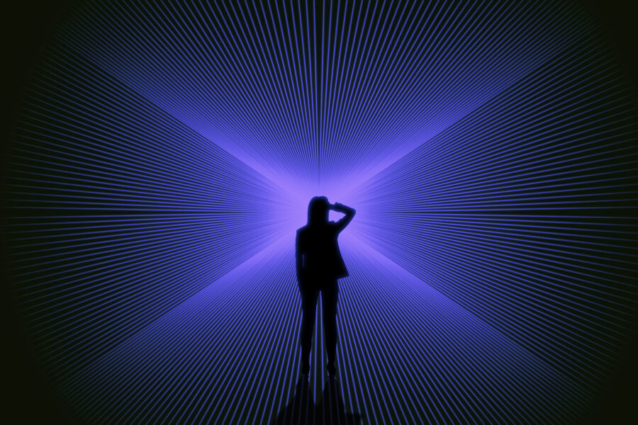 Conceptual image of businesswoman silhouette on bright blue lines background. Success, metaverse and direction concept.