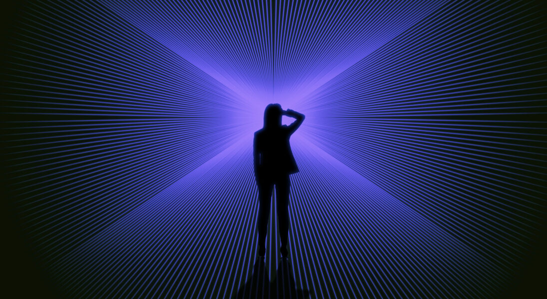 Conceptual image of businesswoman silhouette on bright blue lines background. Success, metaverse and direction concept.
