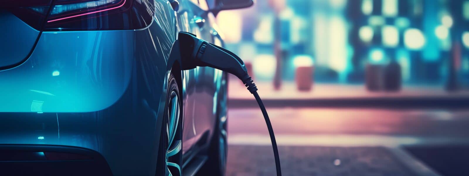 Close-up photo of an electric vehicle charging with blurred background