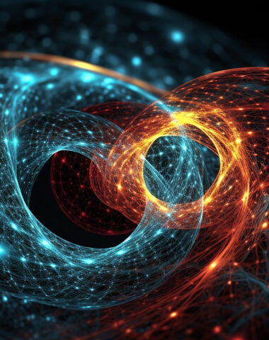 Particle, quantum entanglement (quantum correlation). Quantum mechanics . 3d illustration