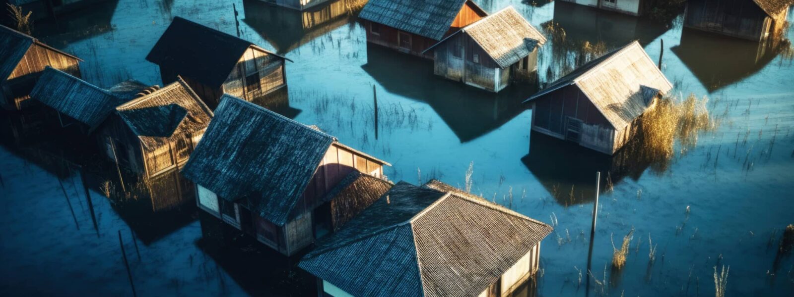 An aerial view of a flood-ravaged village shows submerged houses, reflecting the impact of a storm and global warming. Generative AI