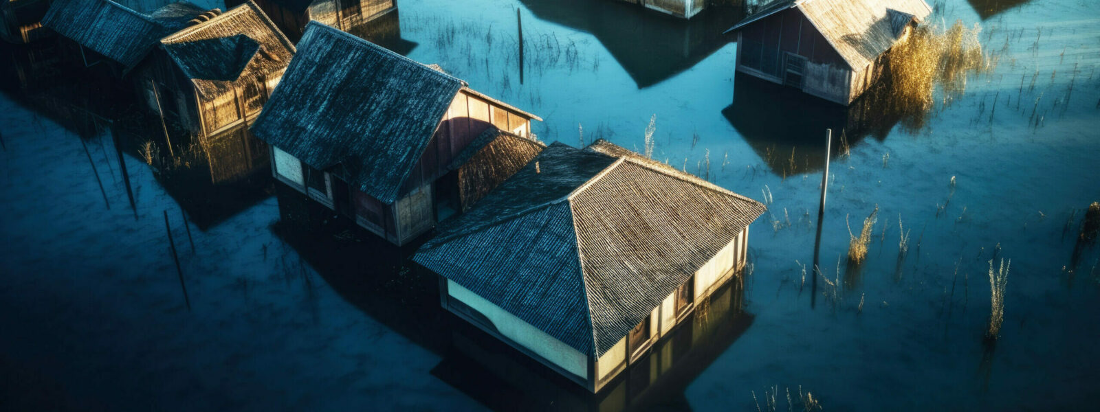 An aerial view of a flood-ravaged village shows submerged houses, reflecting the impact of a storm and global warming. Generative AI