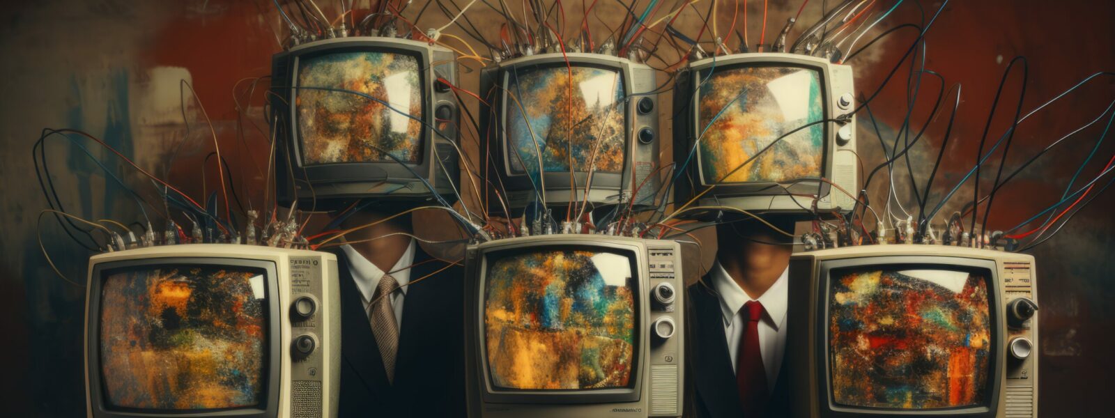 A chilling collage of human figures with retro TV heads, standing zombie-like, portraying censorship, disinformation, and the blind following of mass media.