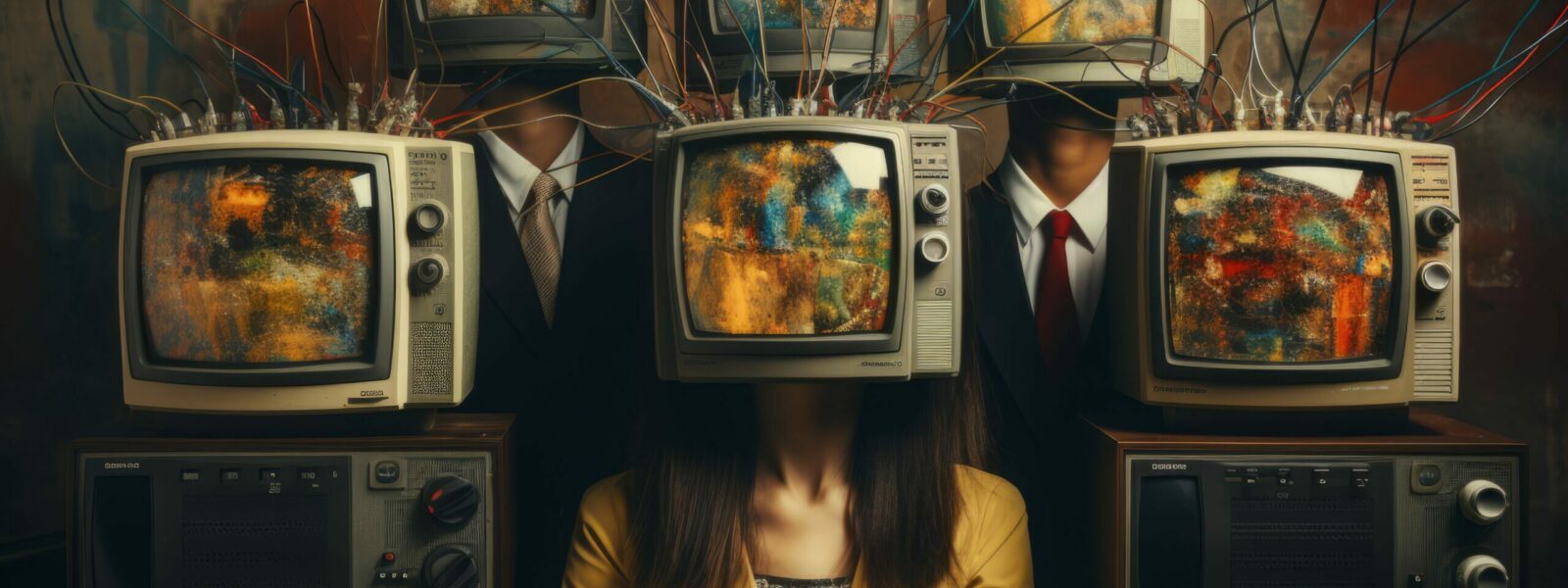 A chilling collage of human figures with retro TV heads, standing zombie-like, portraying censorship, disinformation, and the blind following of mass media.