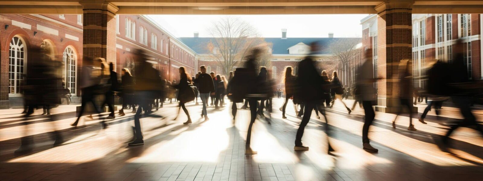 Crowd of students walking through a college campus on a sunny day, motion blur