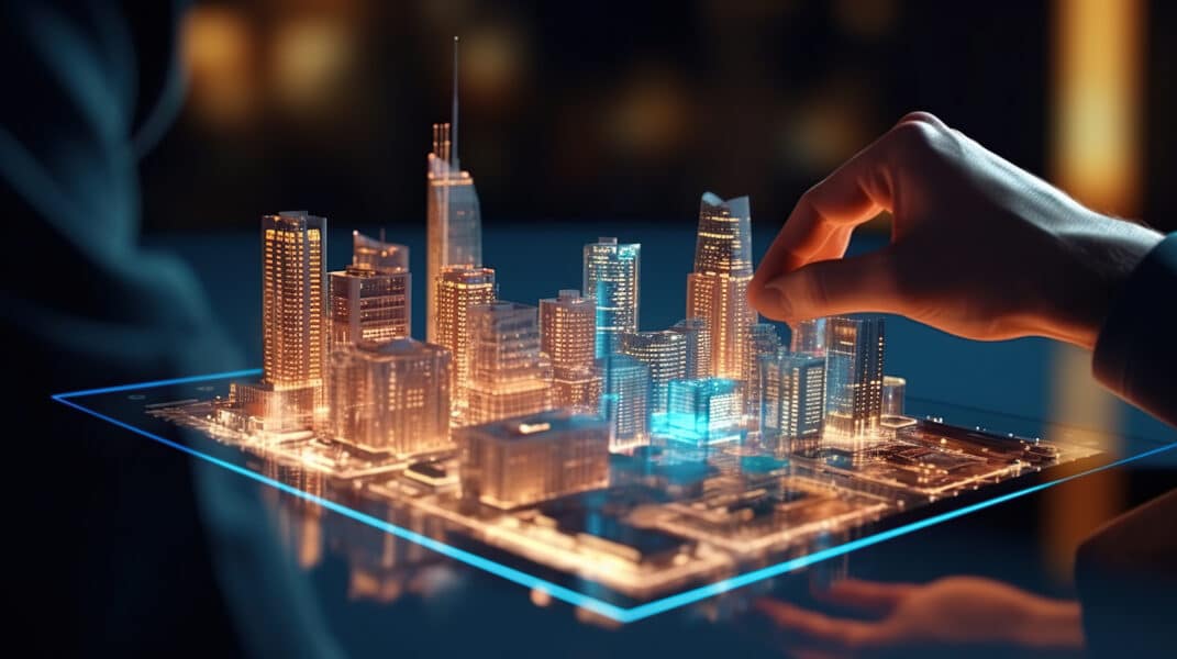 A man using digital tablet, and modern buildings hologram.