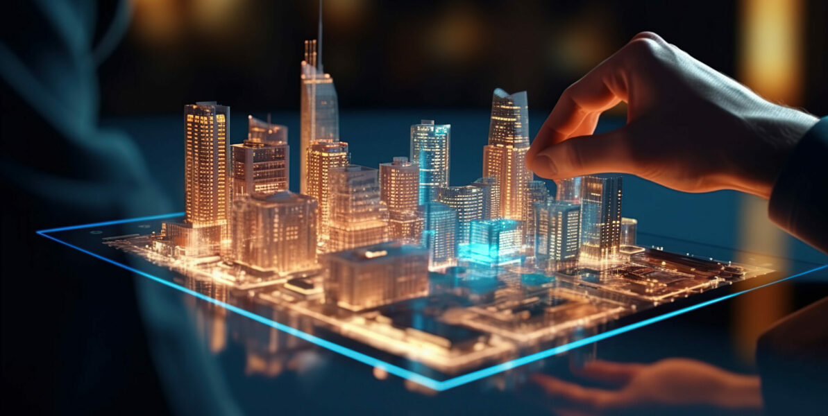 A man using digital tablet, and modern buildings hologram.