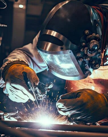 hands behind steelworking machine production welding process