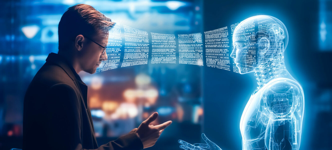 Robotics or ai artificial intelligence connecting interaction with human​.Chat bot software network.big data and transfer protocol system.Neuralink with smart brain​.ai generative technology