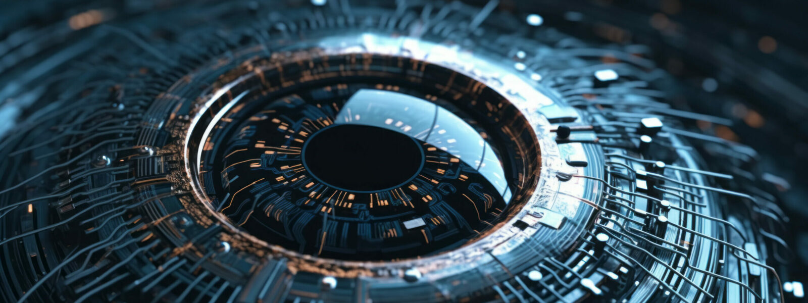Digital Surveillance: Extreme Close-Up of Robotic or Bionic Eye with Advanced Circuitry