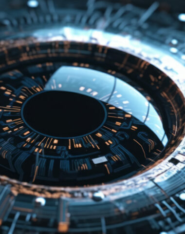 Digital Surveillance: Extreme Close-Up of Robotic or Bionic Eye with Advanced Circuitry