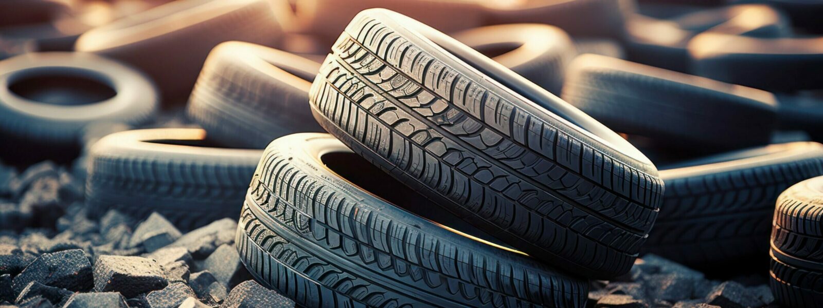 Photograph of a pile of old car tires lying on the ground. used car tires