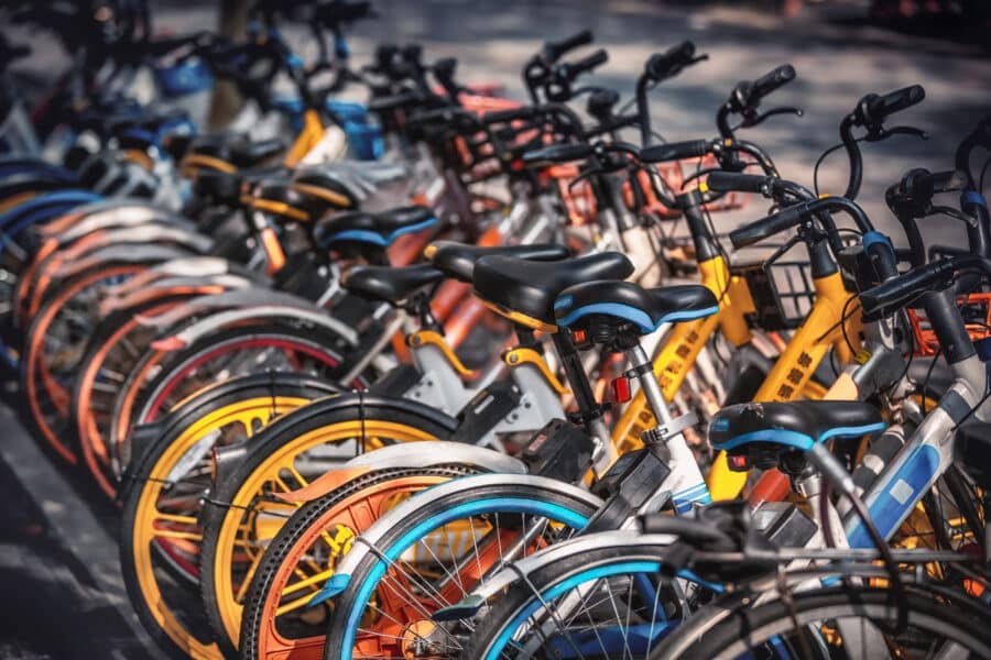 Share electric bikes parked on the sidewalk, Hangzhou