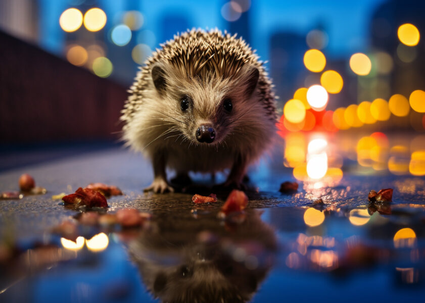 A Photo of a Hedgehog on the Street of a Major City at Night