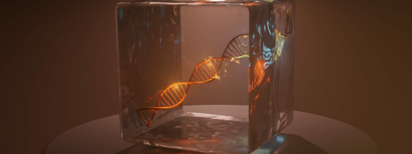 DNA preserved in ice. DNA molecule strand in transparent glass, ice container. DNA storage. Frozen DNA. 3d render illustration.