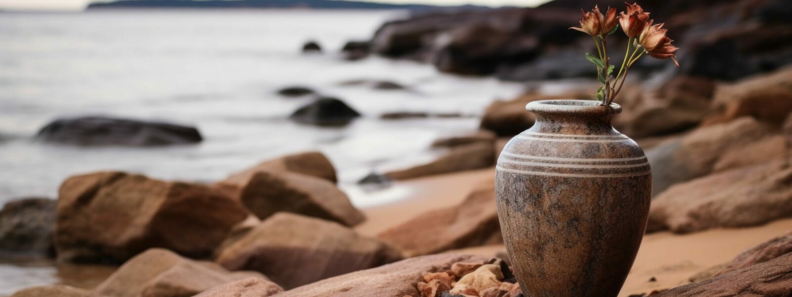 a cremation urn on a rocky beach