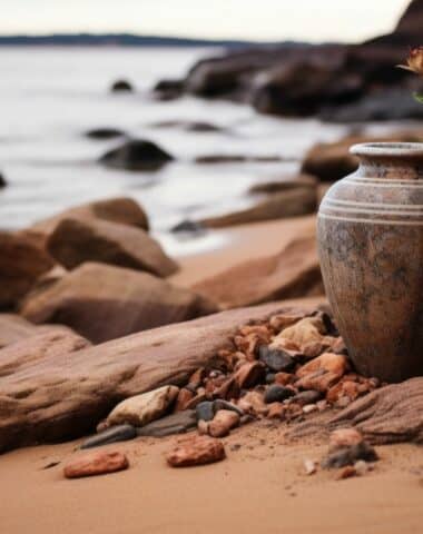 a cremation urn on a rocky beach