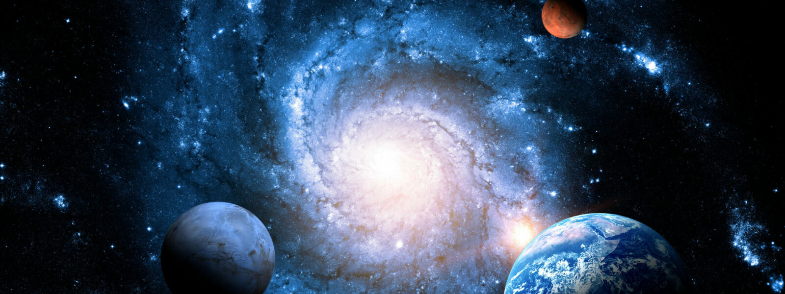 Planets of the solar system against the background of a spiral galaxy in space.