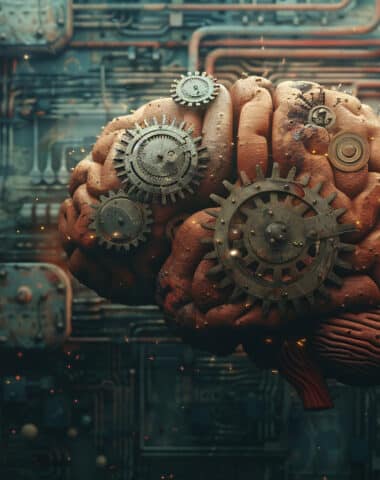 Artistic depiction of a brain with gears and cogs inside, representing the workings of advertising strategies and campaigns