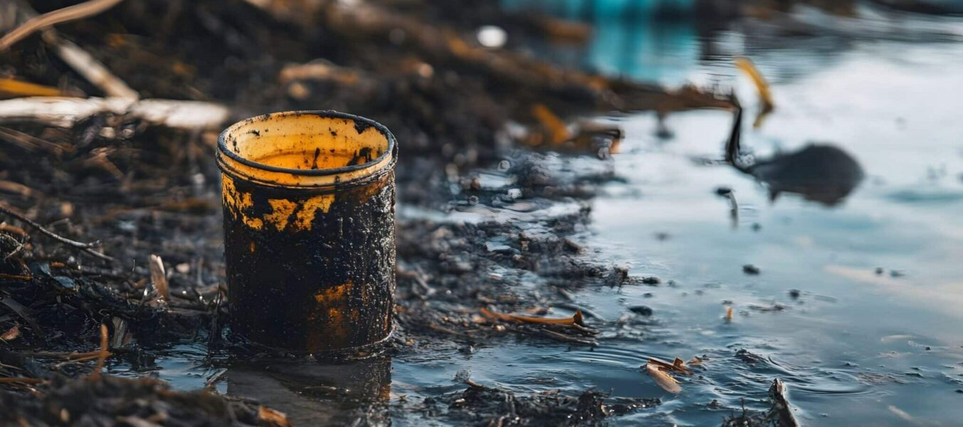 Dirty Oil Contaminated Plastic Container Environmental Pollution Waste Water Disaster Ecology sea land soil dark trash spill toxic earth ocean river shore&nbsp;beach