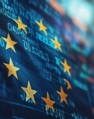 European Union Flag Over Financial Data, Symbolizing EU Economy, Markets, And Trading.