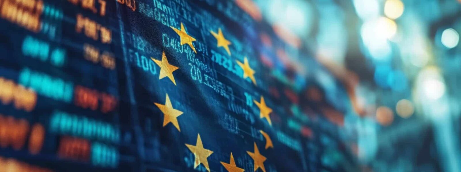 European Union Flag Over Financial Data, Symbolizing EU Economy, Markets, And Trading.