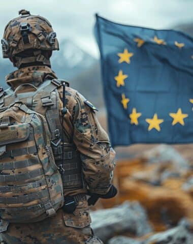 Proud European Union soldier in combat uniform, ai generated, AI generated