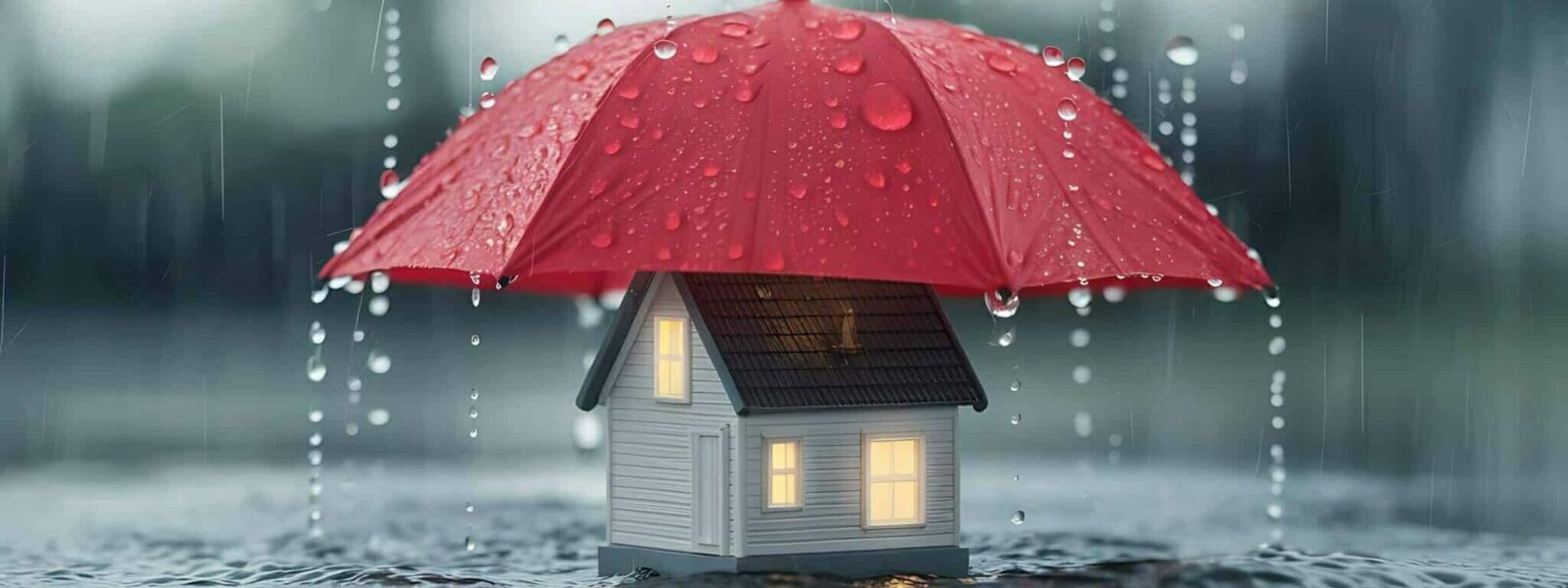 House Protected by Red Umbrella During Rainstorm Insurance Concept