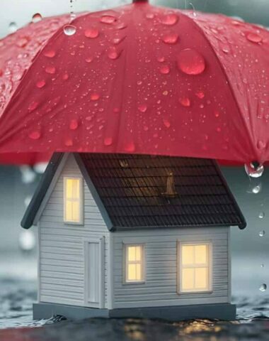 House Protected by Red Umbrella During Rainstorm Insurance Concept