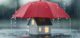 House Protected by Red Umbrella During Rainstorm Insurance Concept