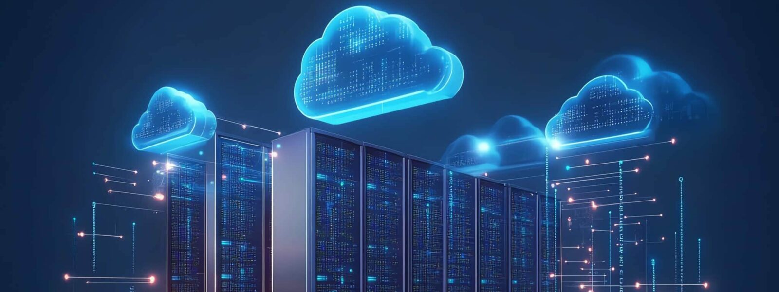 A virtual network of connected servers and cloud systems, flowing data and glowing digital nodes, representing advanced storage and cloud services