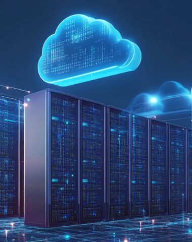 A virtual network of connected servers and cloud systems, flowing data and glowing digital nodes, representing advanced storage and cloud services