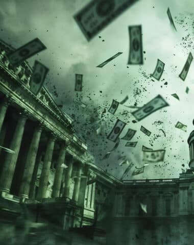 Flying dollar bills against the iconic Capitol building backdrop in eerie green tones, symbolizing financial corruption and economic turmoil in American politics.
