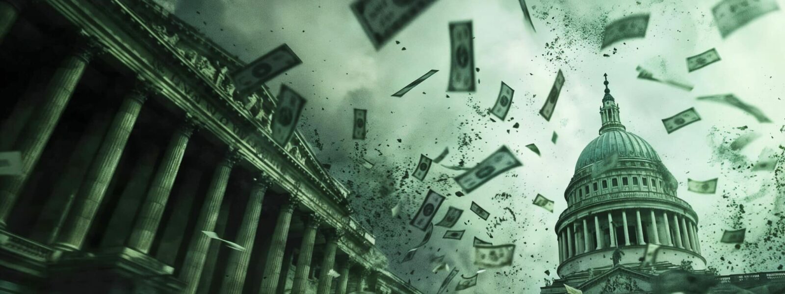 Flying dollar bills against the iconic Capitol building backdrop in eerie green tones, symbolizing financial corruption and economic turmoil in American politics.