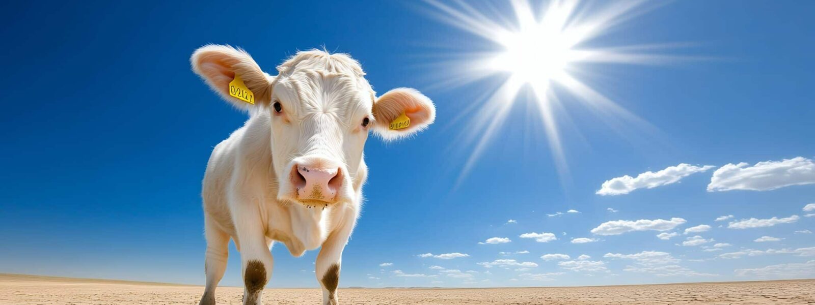 A young white calf stands in a cracked, arid landscape under a bright sun, showcasing drought and climate change impact on livestock