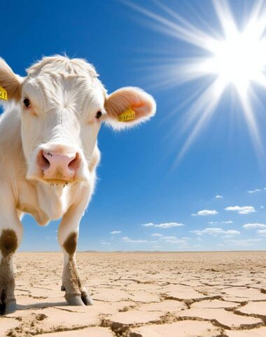 A young white calf stands in a cracked, arid landscape under a bright sun, showcasing drought and climate change impact on livestock