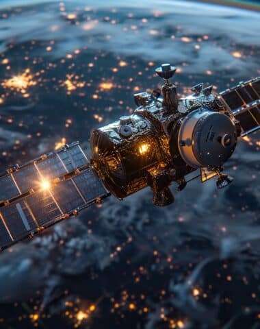 satellite trails flying over the planet starlink constellation concept.