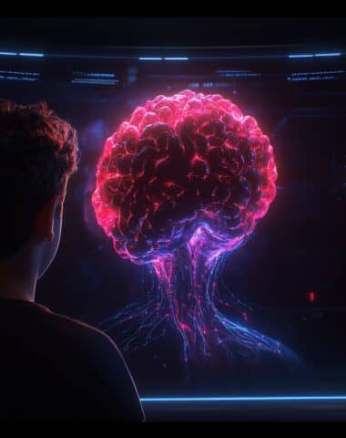 A person observes a glowing brain display on a screen