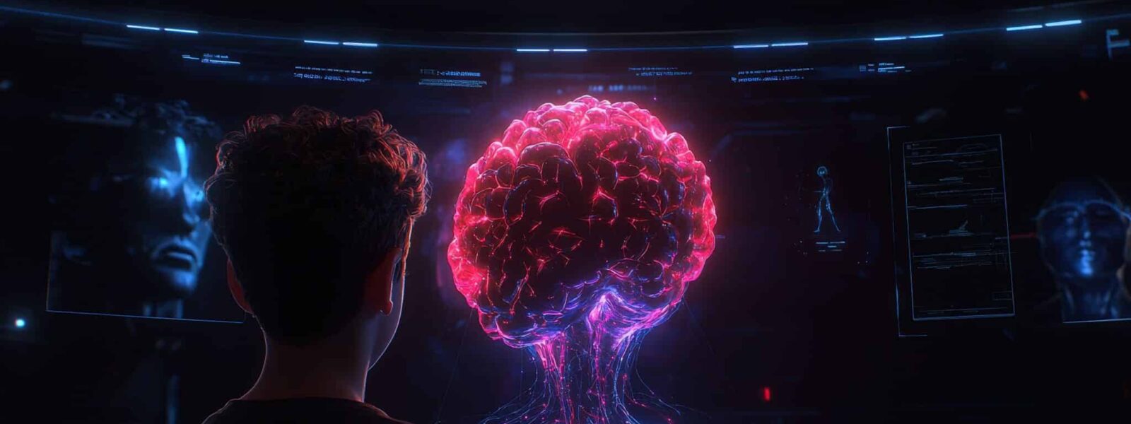 A person observes a glowing brain display on a screen