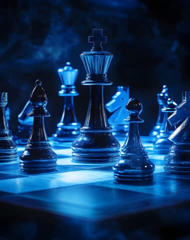 dark psychology power control concept. A mystical chess scene illuminated by blue light, featuring various pieces arranged on a dark board.