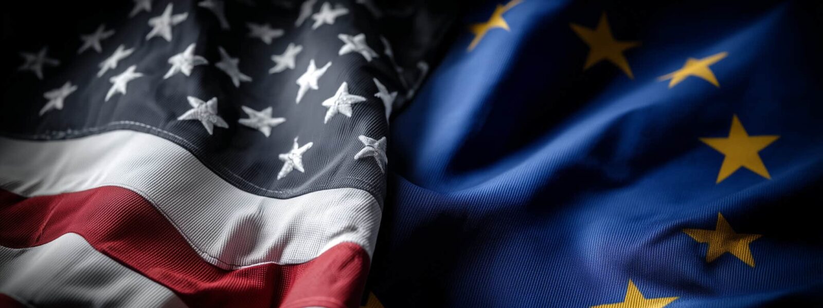 Flags of USA and EU are signifying international relations, cooperation or conflict between countries